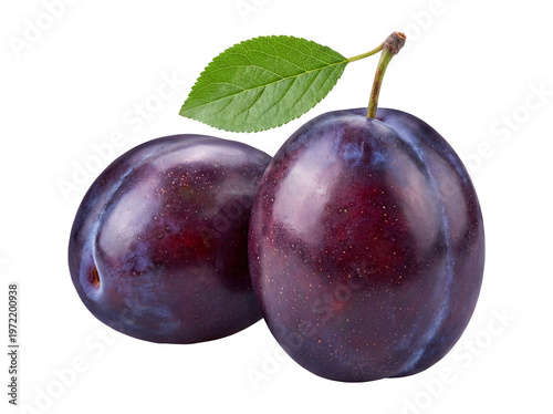Two Fresh Ripe Purple Plums with Leaf Isolated on Transparent Background