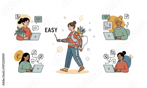 Future daily life. A person casually performs a simple task like carrying groceries while wearing a compact exoskeleton, with smooth lines suggesting ease and