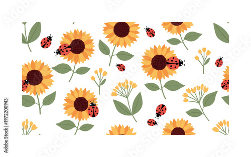 ladybugs and meadow sunflowers, seamless pattern, repeating pattern, surface design, textile print, small ladybugs scattered among sunflowers meadow flowers