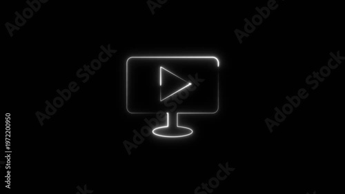 Neon glowing line art video play sign animation inside monitor icon on black background. 4K