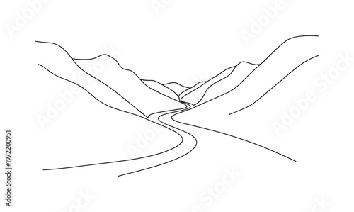 "River valley". Minimalistic one-line drawing mountains with a gentle river curve passing between them with harmonious flowing contour, continuous single black