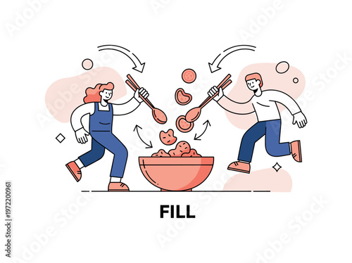 Preparing filling. A central bowl mixes meat or vegetables with simple chopstick or spoon motion, with ingredients dropping in guided by arrows. A ?FILL?