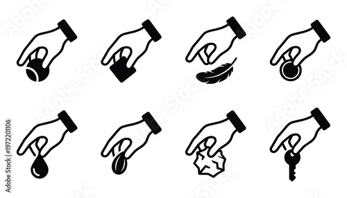 Hand gestures holding various objects icon collection illustrating tactile interaction and grasping