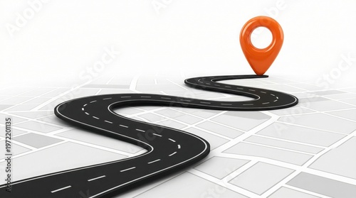 Winding road on map leading to orange location pin symbolizing journey navigation and travel planning