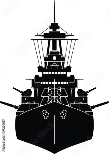 Stylized black silhouette of a powerful warship with multiple gun turrets and detailed superstructure isolated on transparent background
