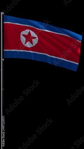 North Korea flag waving on metal flagpole, vertical video with transparent background and alpha channel, seamless loop 3D rendering 4K