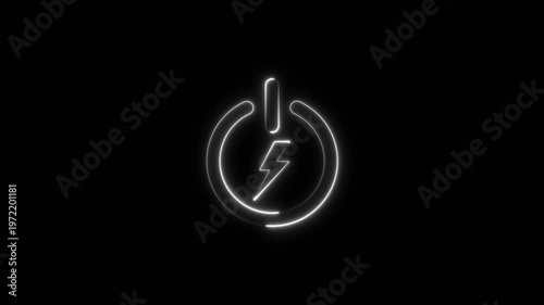 Animated neon glowing lighting power sign with charging icon inside on black background. Glowing on and off button.