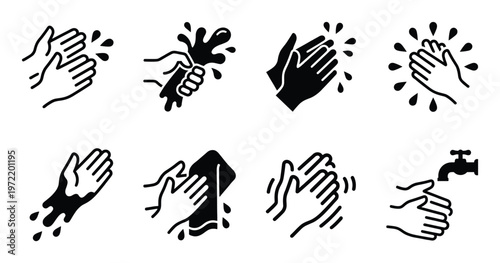 Hand hygiene and washing icons collection showing soap use water tap and sanitizing cloth movements
