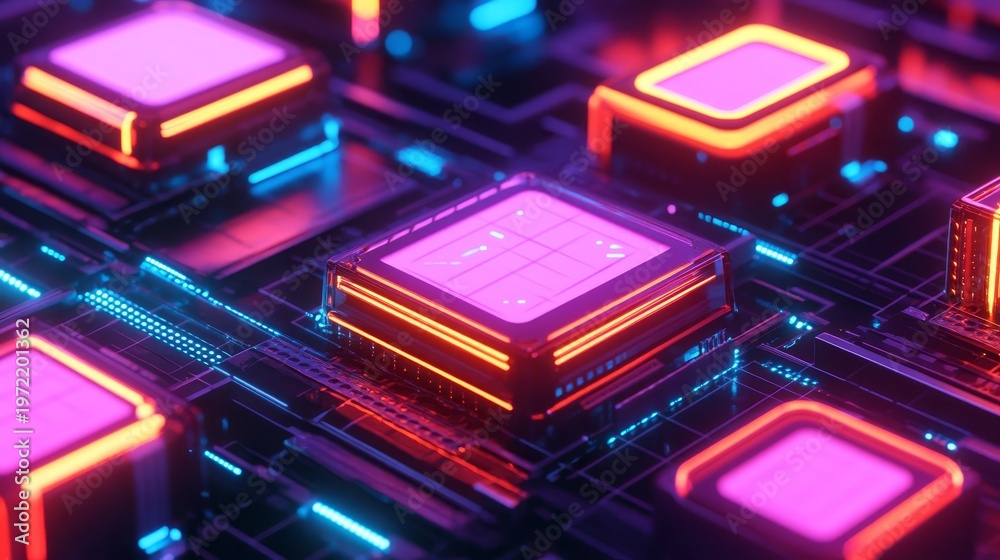Fototapeta premium Abstract image of glowing square neon circuitry with futuristic tech patterns in vibrant colors