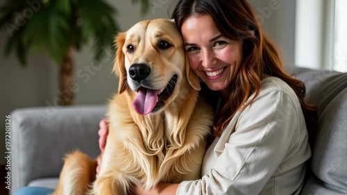 Close-up of a girl hugging a Labrador dog on a gray sofa in an apartment setting Concept of pet love, companionship and cozy home life.