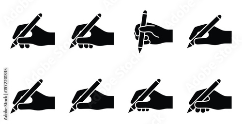 Hand writing with pen icons set showing different grips and writing postures