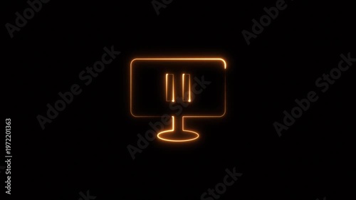 Video of icon animation inside neon glowing monitor on black background. 4K