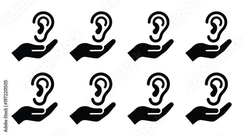 Hearing aid icon set featuring ear and hand symbols representing auditory care and listening assist