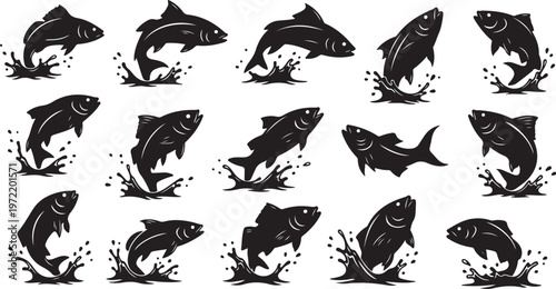 Collection of black fish silhouettes jumping out of water illustrations