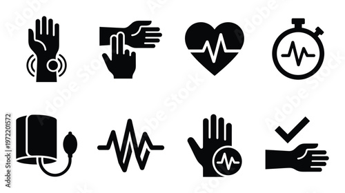 Heart rate and pulse monitoring icons featuring blood pressure cuff and medical heartbeat diagnostics