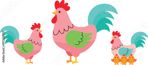 Colorful Chicken Family Collection Featuring Rooster, Hen, and Chicks for Farm and Animal Illustrations