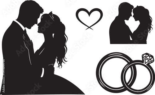Romantic wedding couple silhouette with heart and engagement rings