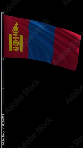 Mongolia flag waving on metal flagpole, vertical video with transparent background and alpha channel, seamless loop 3D rendering 4K
