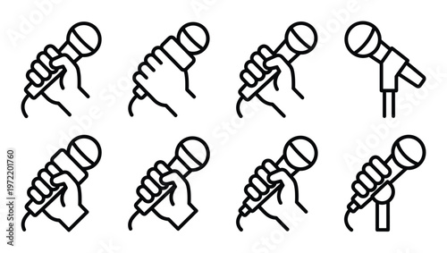 Microphone in hand line icon set for singing performance public speaking and broadcasting media events