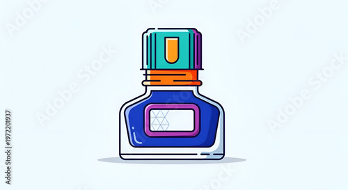 Cartoon ink bottle with colorful design and bold outlines: vintage writing supply for creative projects and artistic endeavors