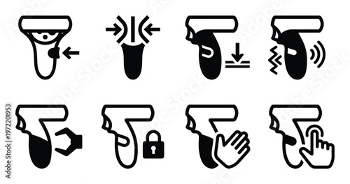 Scanning device functional icons depicting lock vibration and touch controls for industrial equipment