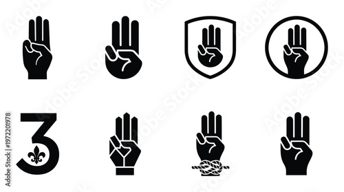 Scout sign for unity and brotherhood with three fingers raised, presented in various emblems and numbers