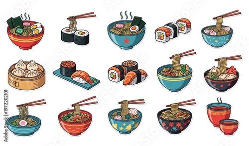 Asian cuisine retro 90s cartoon sticker set with ramen and sushi