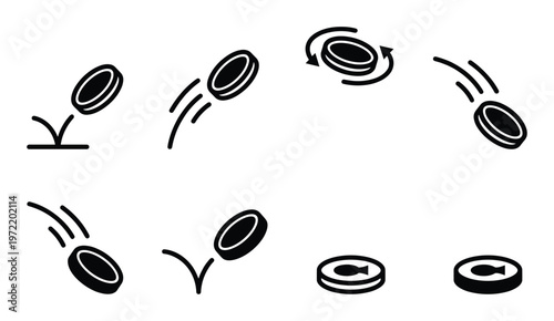 Set of black icons depicting coin flips, movements, and a stack of coins with a fish symbol