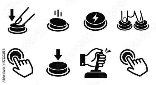 Set of black icons depicting various actions of pressing and interacting with buttons