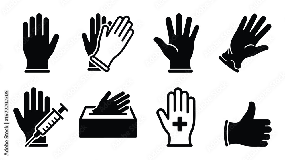 Fototapeta premium Set of black icons of medical gloves and hand gestures related to healthcare on transparent background