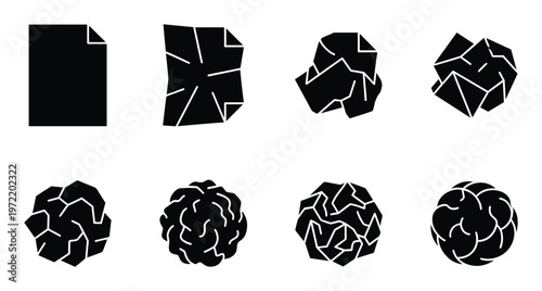 Set of black icons showing the process of crumpling a piece of paper, from flat to a ball