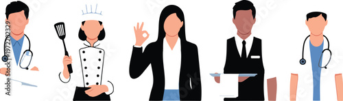 Flat minimalist illustration of five professions including mechanic construction worker gardener retail and medical staff vector design