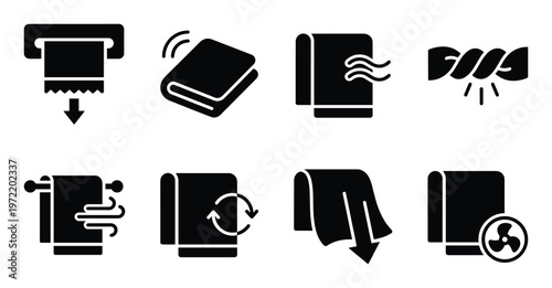 Set of black icons showing different actions related to towels, such as dispensing, drying, and folding