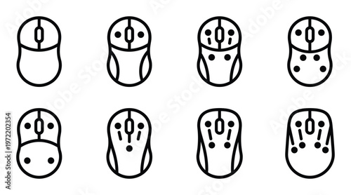 Set of black line art icons depicting various computer mice with different button layouts