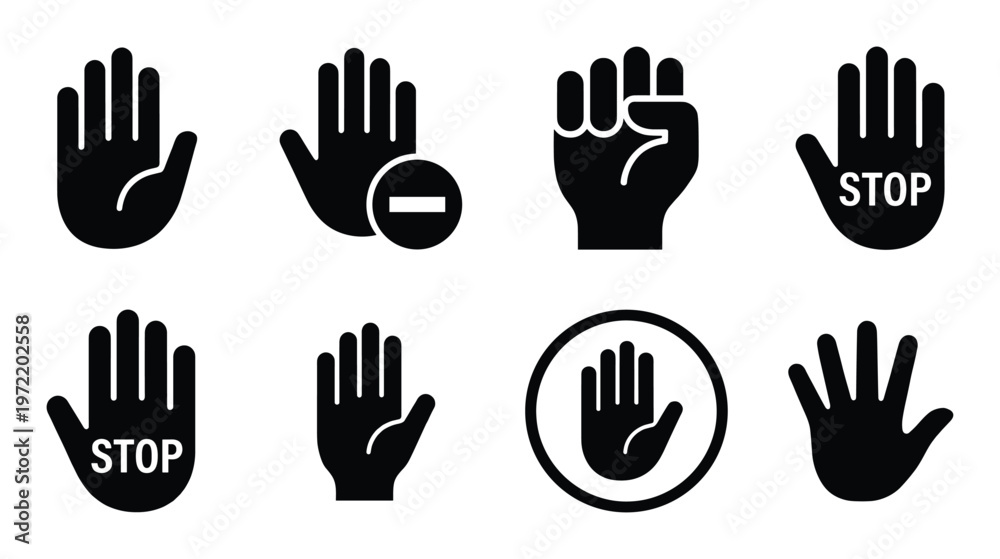 Fototapeta premium Set of black stop hand gesture icons on transparent background for warning or restriction