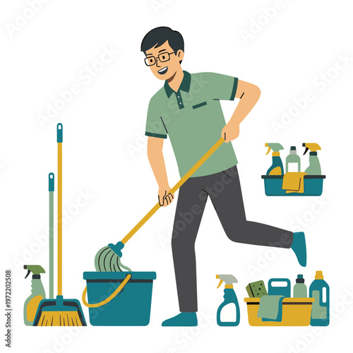 A man is cleaning with a mop and various cleaning supplies around him.