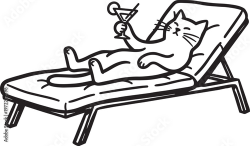 silhouette of a funny cartoon cat relaxing on a lounge chair with a drink