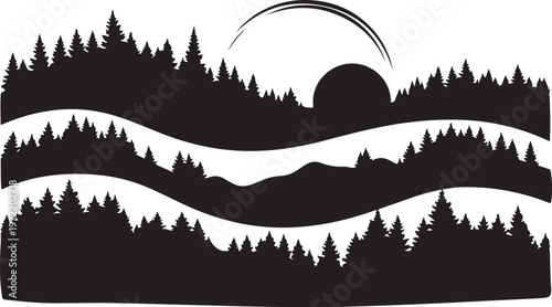 Serene black silhouette landscape with wavy hills and pine trees