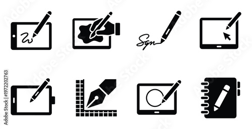 Set of icons for digital drawing tablet stylus pen and writing on screen