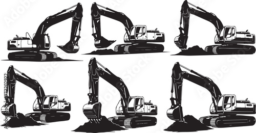 Excavator machines in various positions on white background illustration set