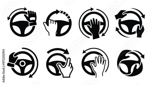 Steering wheel control icons with hand gestures for driving safety maneuvers and vehicle navigation set