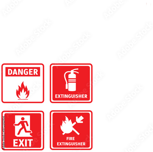 Red fire safety and emergency sign set, danger flame, extinguisher, and exit symbols.