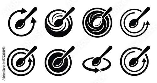 Stirring spoon in bowl with circular motion icons set for cooking instructions and mixing process art