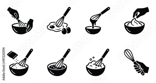 Whisking and mixing ingredients in bowl icons set for cooking instructions and food preparation art