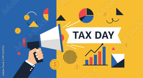 A hand holding a megaphone announcing Tax Day, with charts and financial graphics in the background.