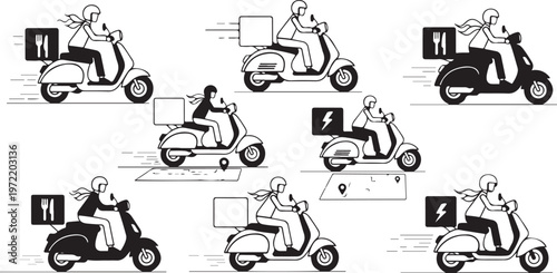 Black and white of nine different motorcycles with riders biker cruiser