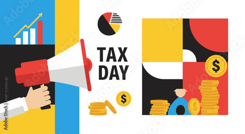 Tax Day announcement with megaphone, pie chart, and stacks of coins symbolizing financial success and obligations.