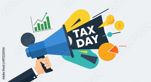 A hand holding a megaphone announcing "Tax Day" with financial charts and coins symbolizing business and finance.