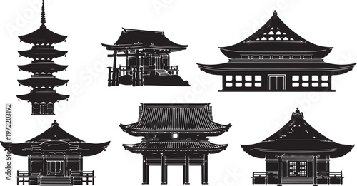 Black and white of traditional chinese pagodas with ornate roofs and eaves chinese architecture desi
