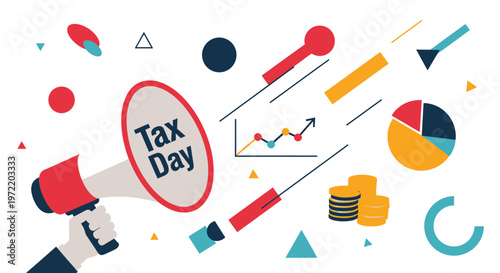 Illustration of a megaphone announcing Tax Day with financial charts, coins, and abstract shapes, symbolizing financial planning and economic activity.